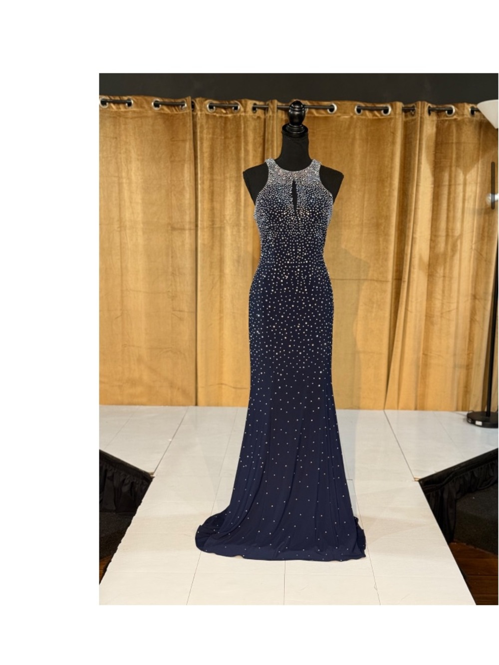 Xscape Navy Beaded Halter Prom Gown